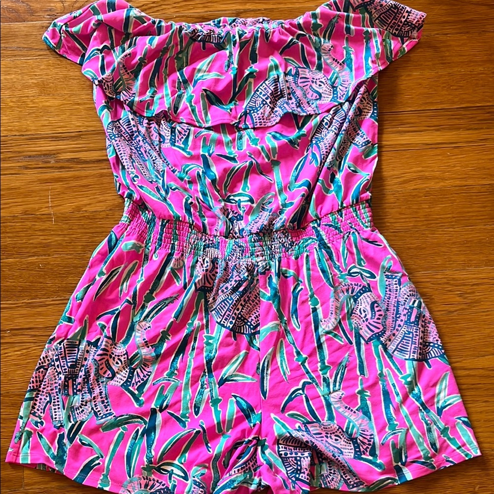 Lilly Pulitzer Pink and Green Jumpsuit Vibrant Off-Shoulder Design